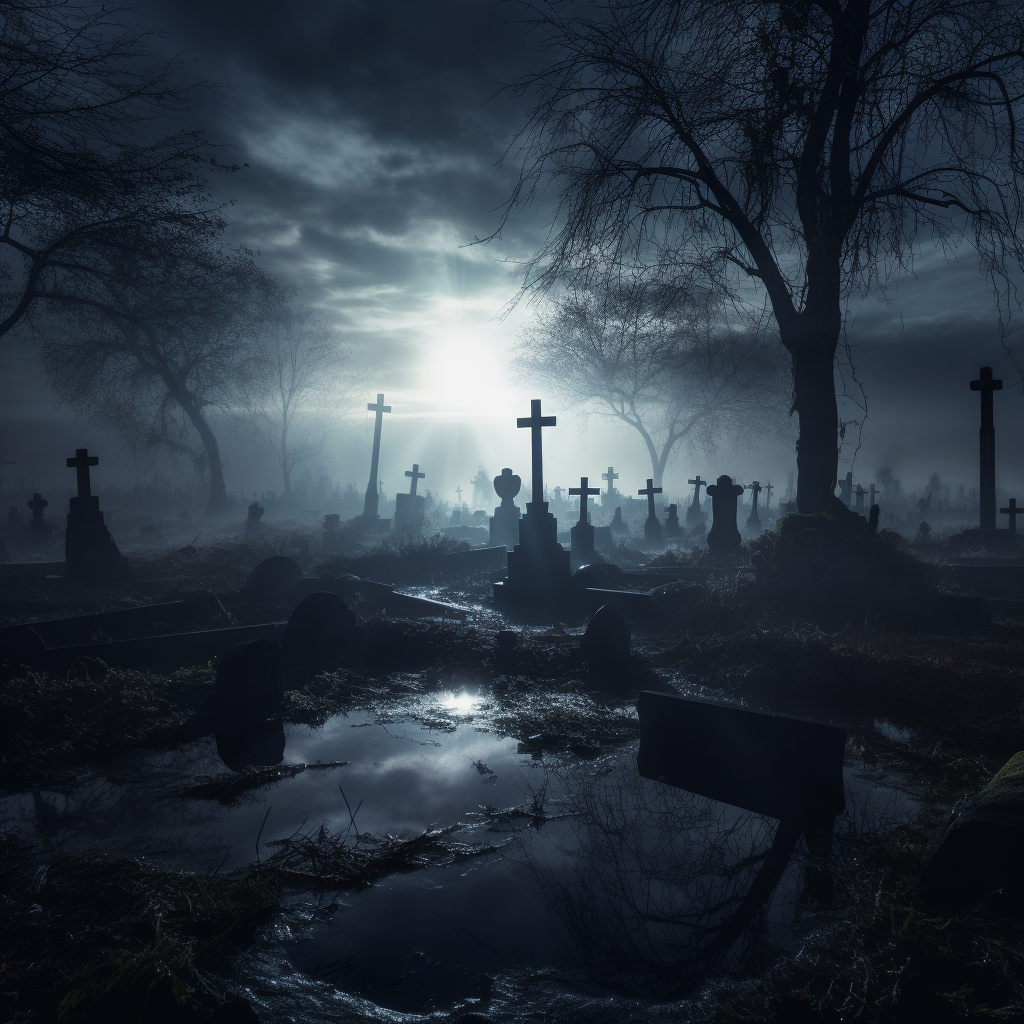 Dark graveyard with moonlight and cross tombstone