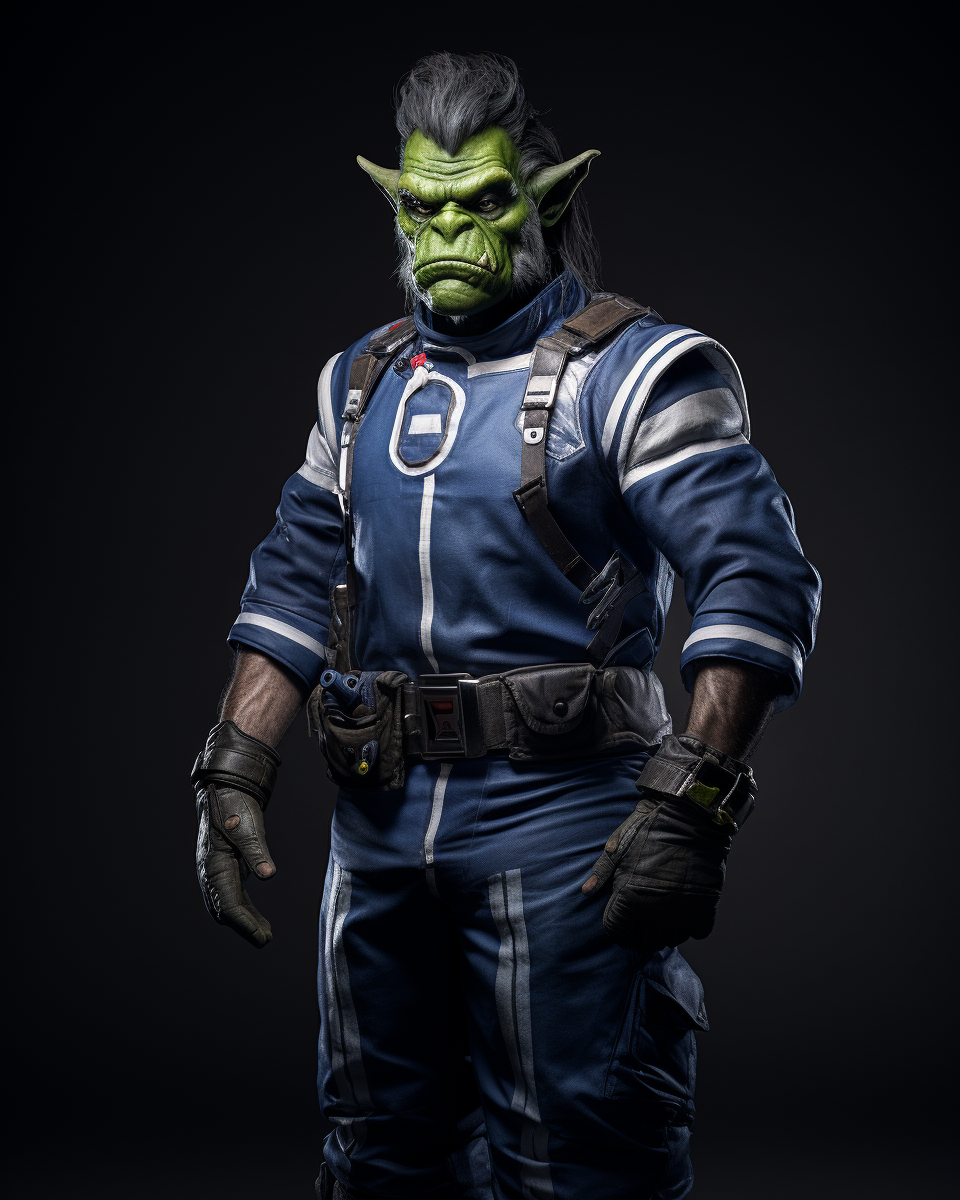 Dark green orc in race car driver uniform