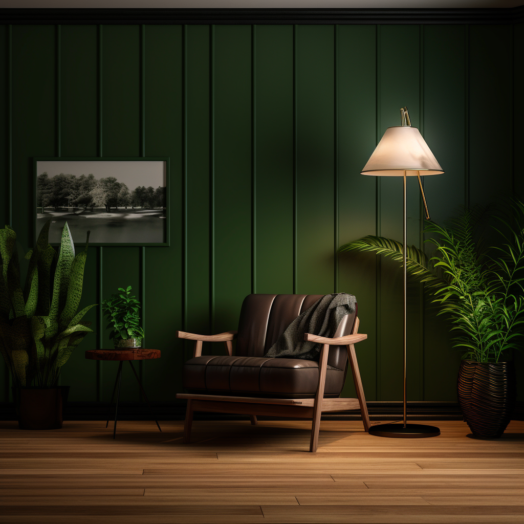 Dark green space with wooden slats and cozy lamp