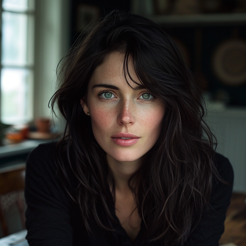 Woman with dark hair and green eyes