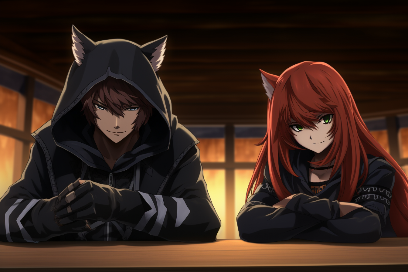 Dark-haired anime demon and red-haired fox girl in the casino