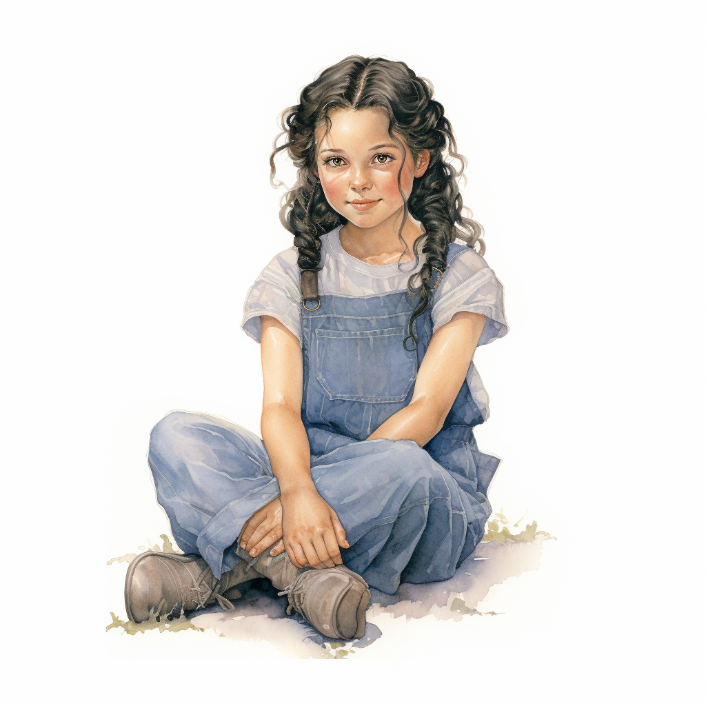 Young girl in blue overalls with dark hair