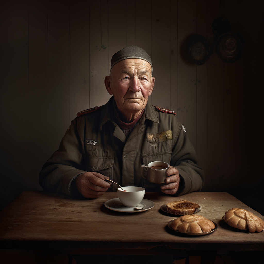 Smiling older mother serving coffee and sandwich to son in bed