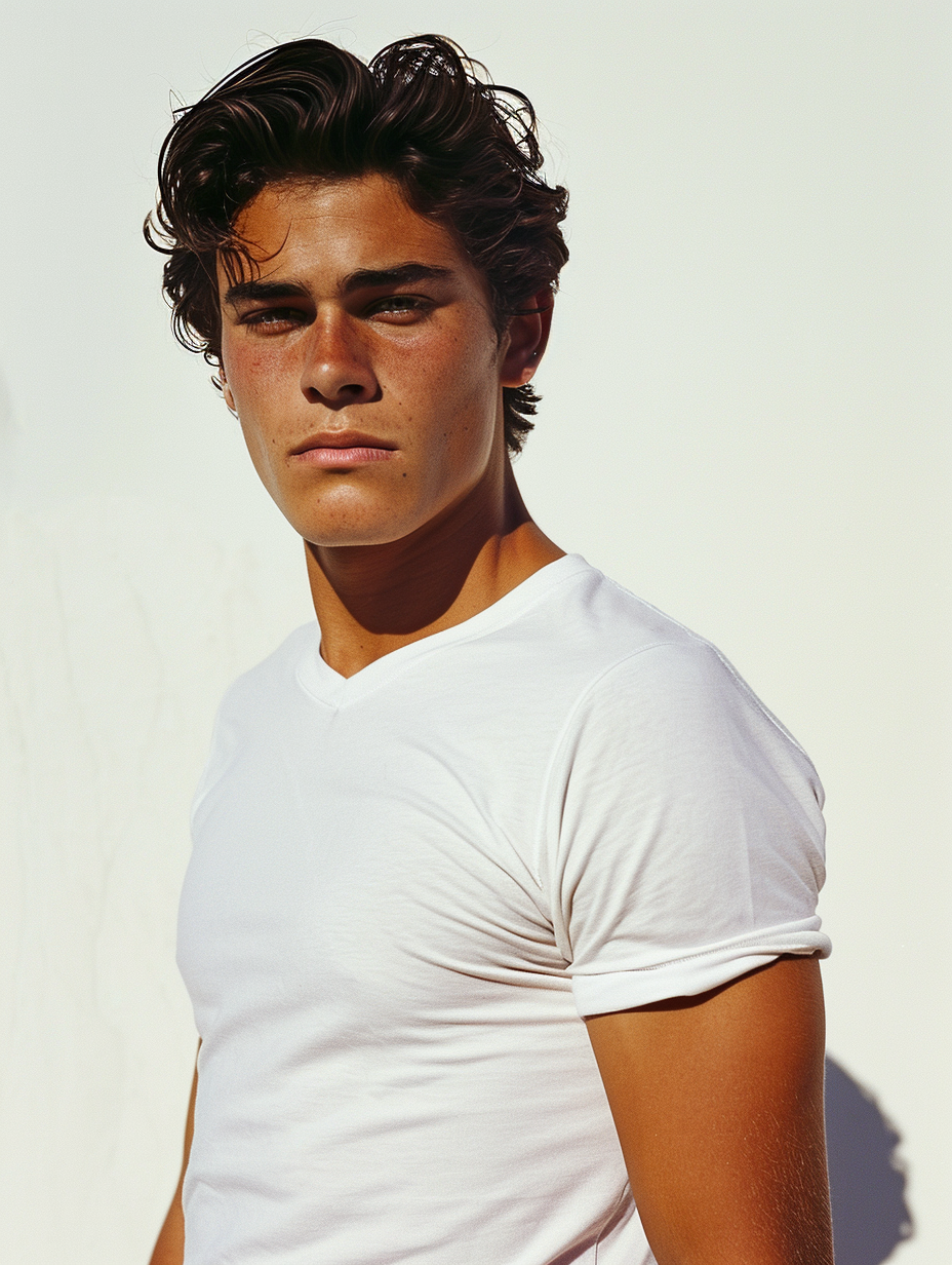 Dark-haired Tanned Man White T-Shirt Full-Length Portrait