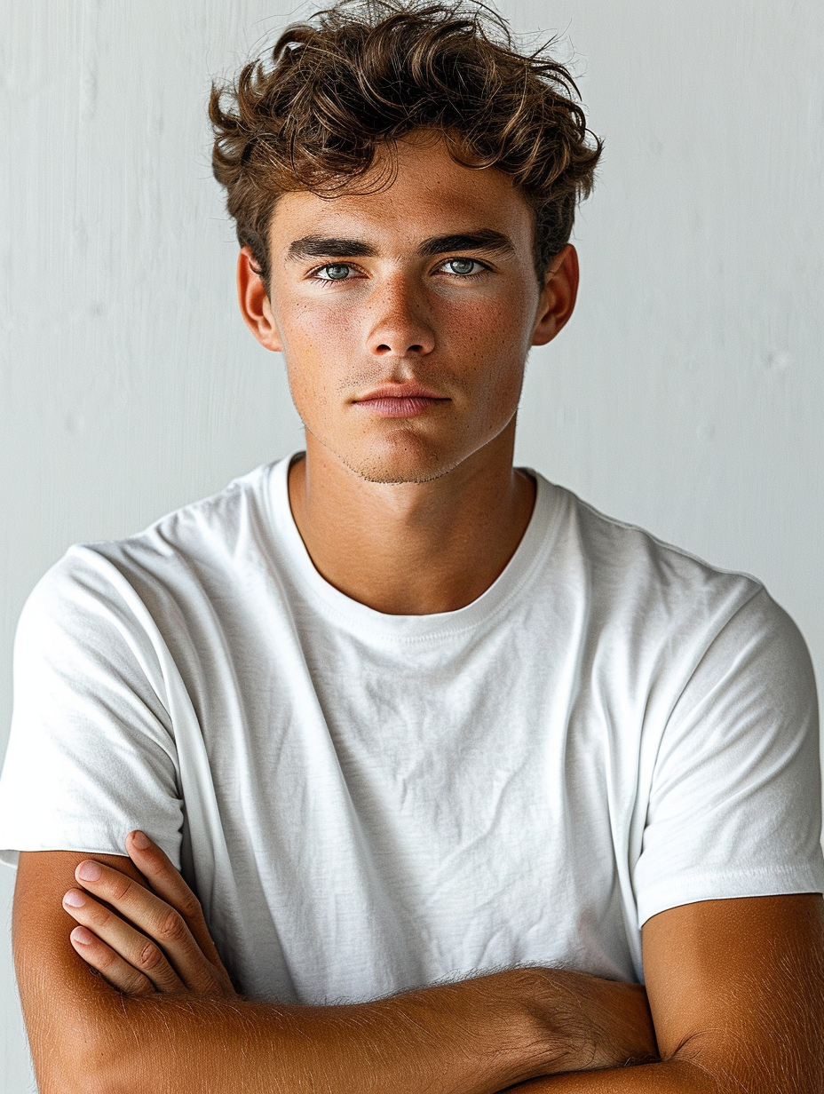 Dark-haired tanned man in white T-shirt