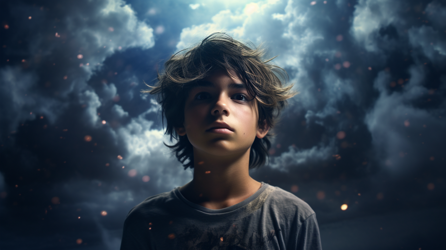 Dark-Haired Teenage Boy in Surreal Galaxy Scene