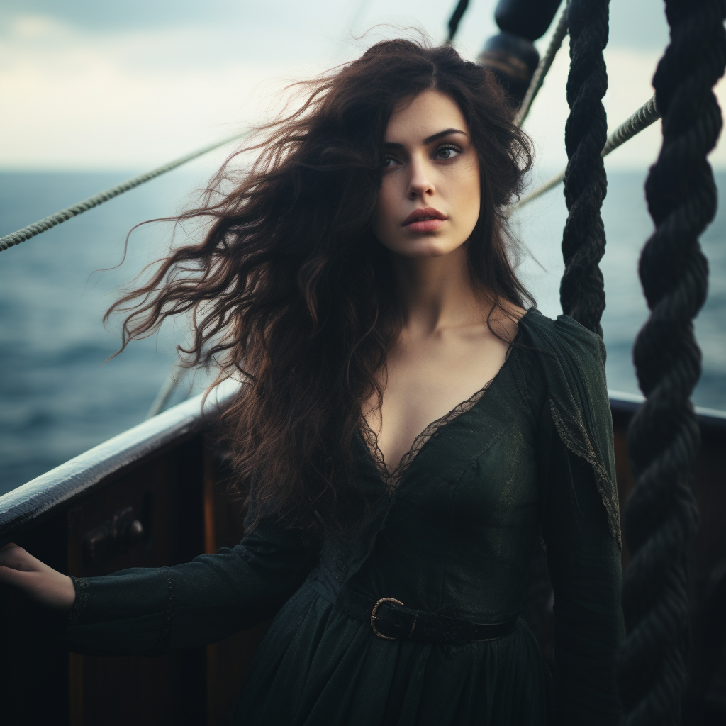 Beautiful woman on ship deck with eerie ocean background