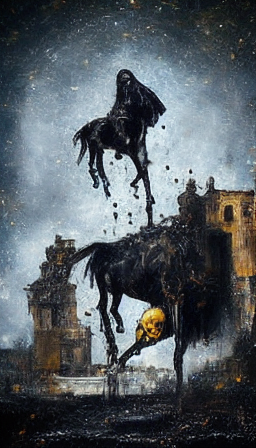 Dark hooded figure on skeleton horse rearing