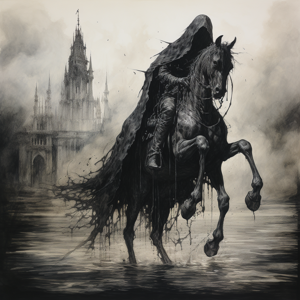 Sinister dark figure on skeletal horse