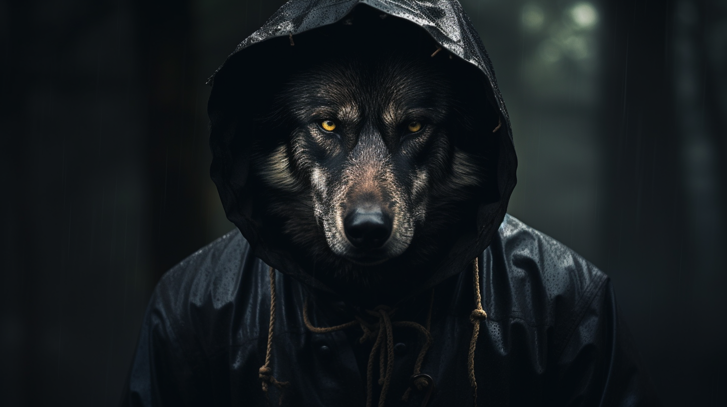 Mysterious dark hooded wolf in human form