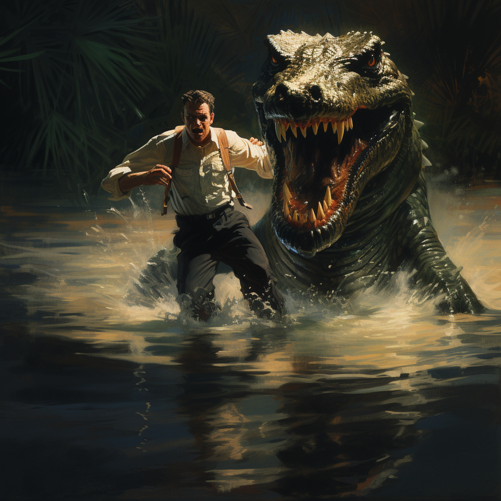 Man bravely kicks alligator in dark lake