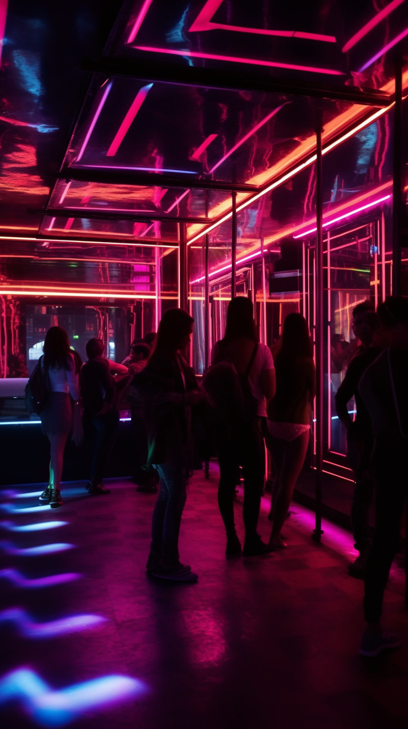 Dark luxury club neon lights with dancing people