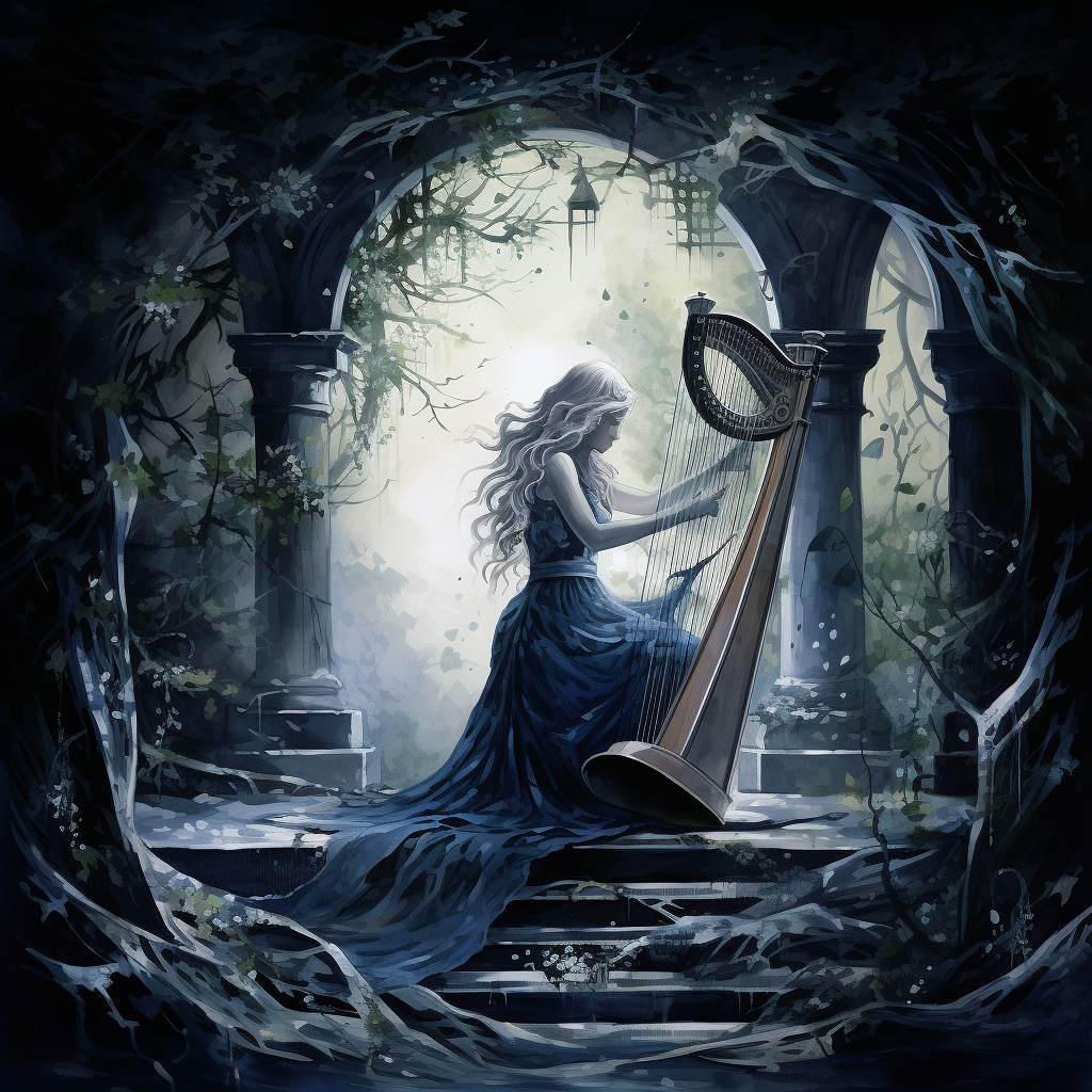 Enchanting dark magical lyre watercolor art