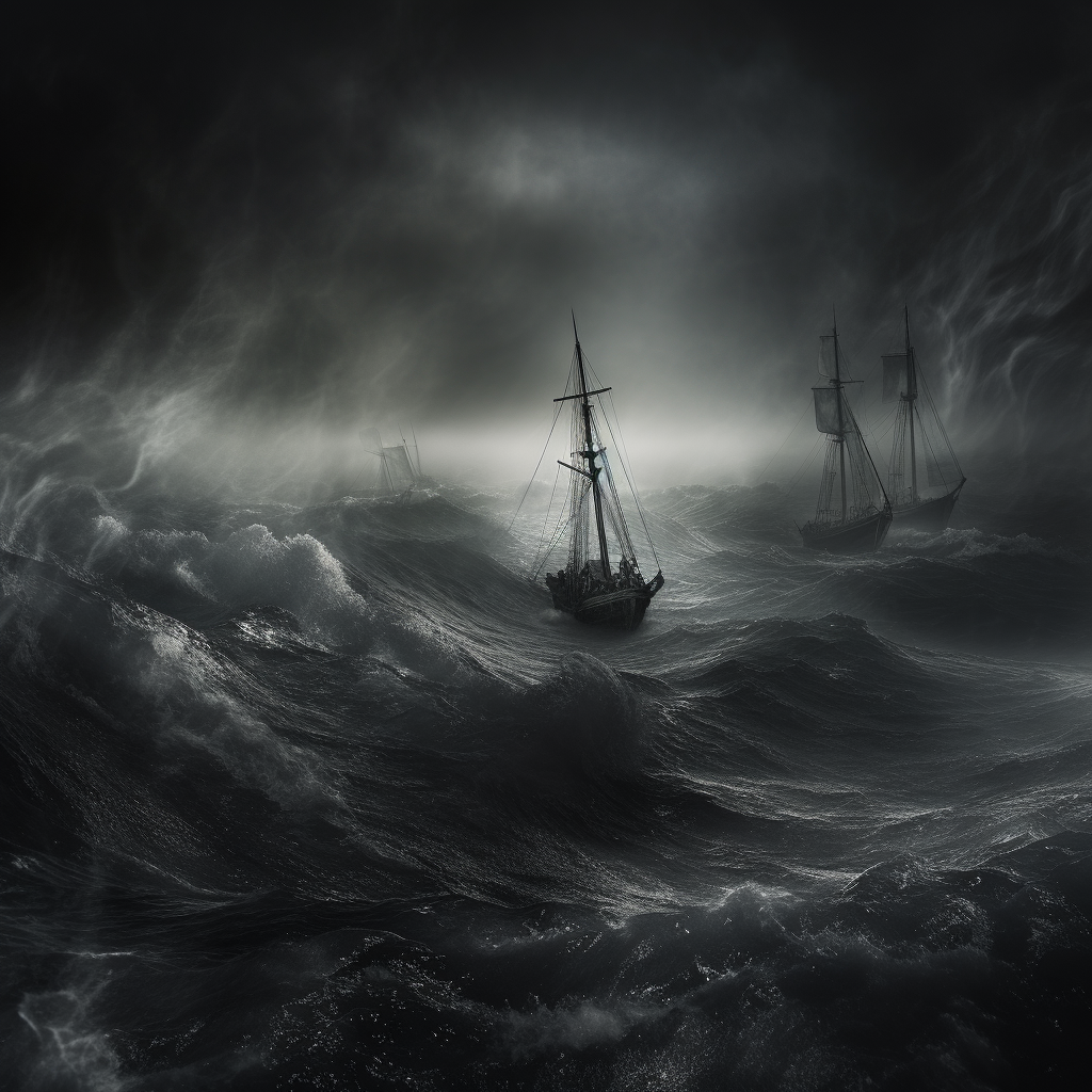 Eerie waves crashing against a sailing boat