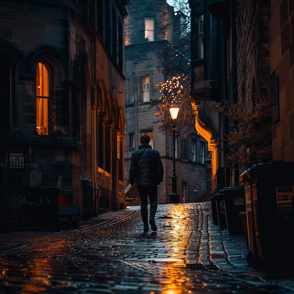 Dark man walking small street