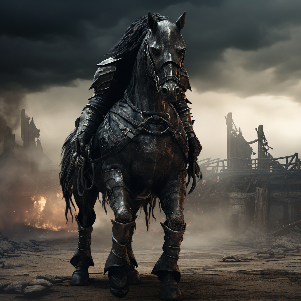 Dark medieval warhorse standing alone