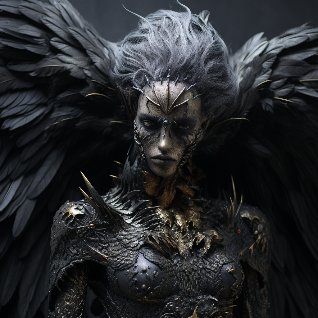 Androgynous harpy made of dark metal