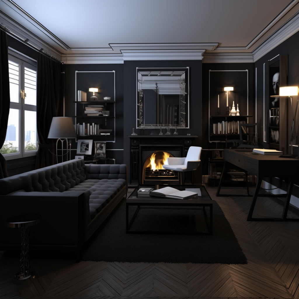 Cozy bedroom with black marble fireplace