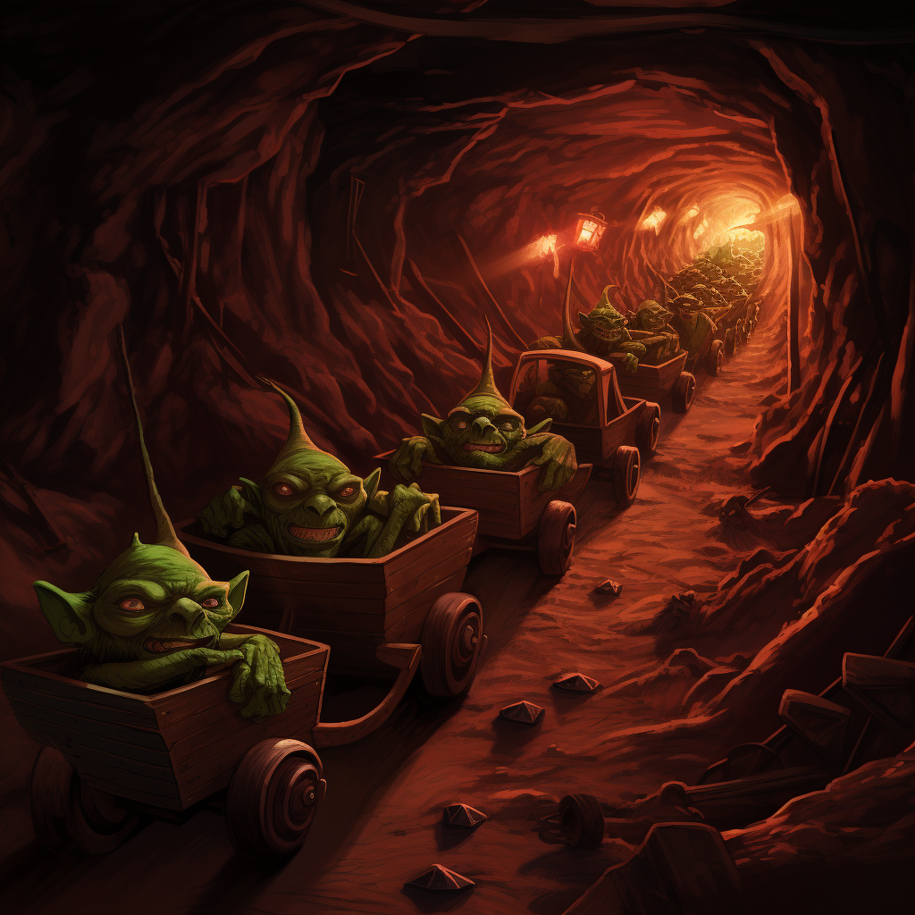 Goblins pushing wooden carts in a dark mining tunnel