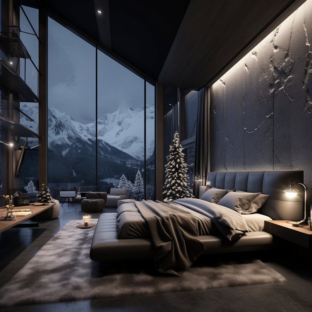 Dark modern mansion snowy mountain bedroom