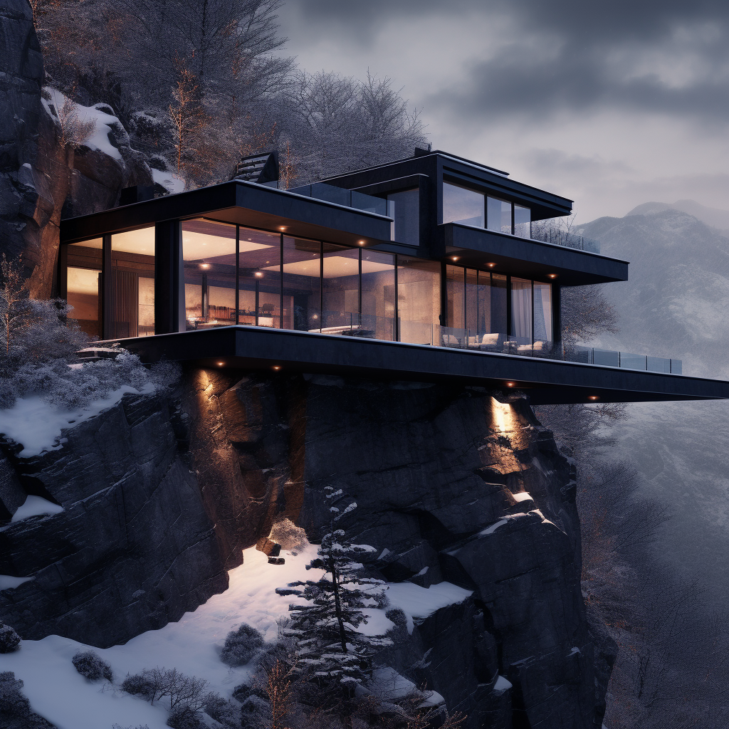 Dark modern mansion on snowy rock mountain