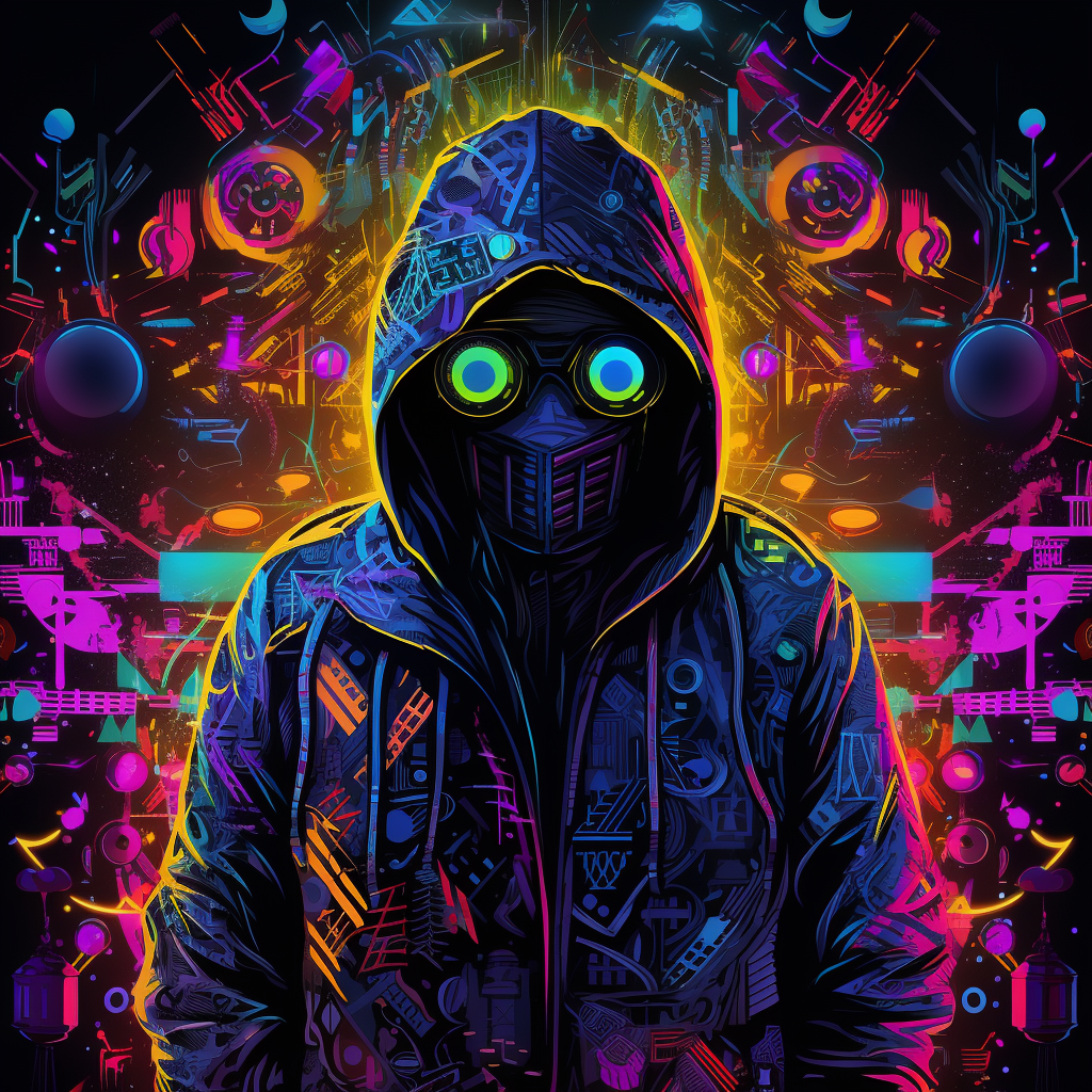 Vibrant neon illustrations of dark music fibonacci hacker