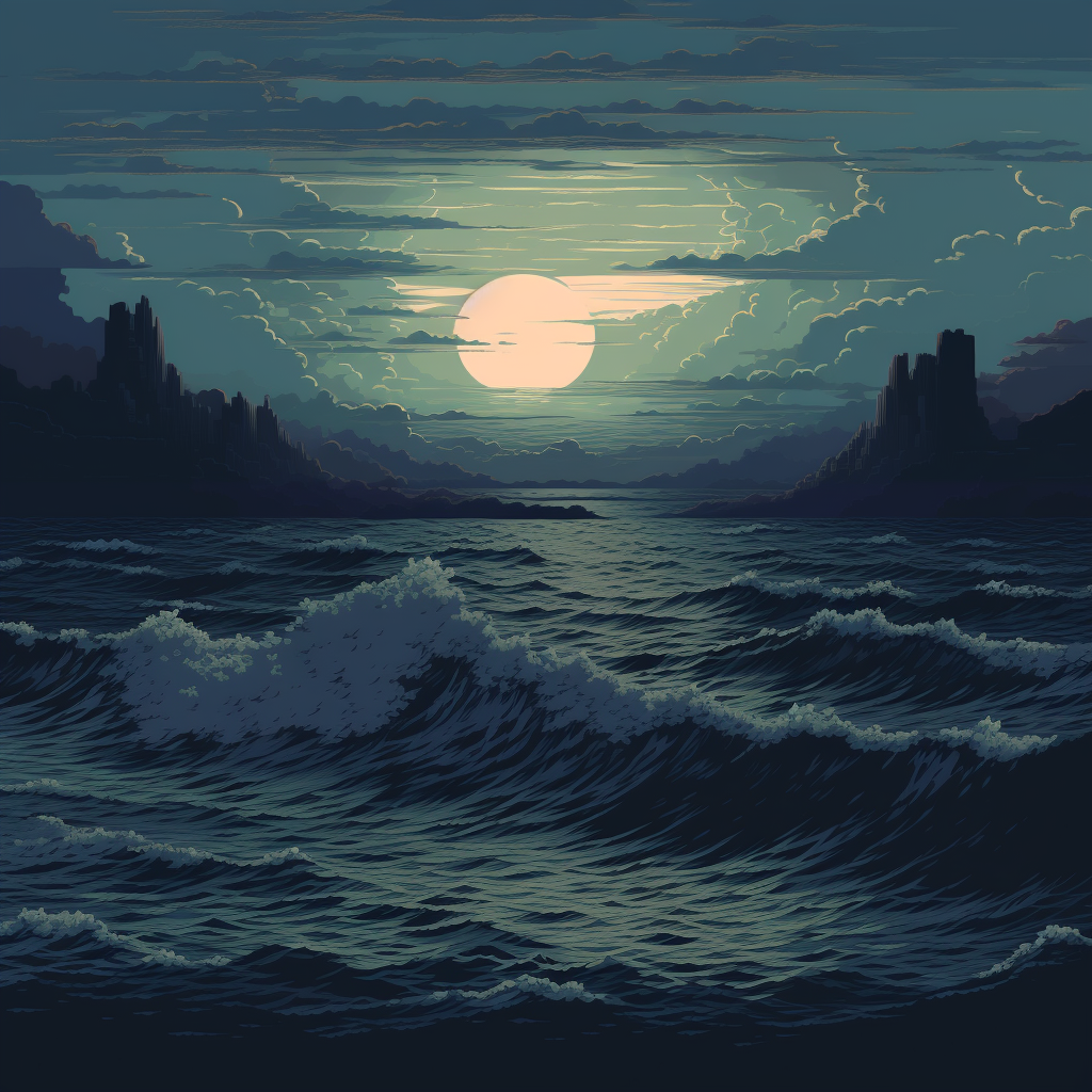 Stunning pixel art representation of a dark muted ocean