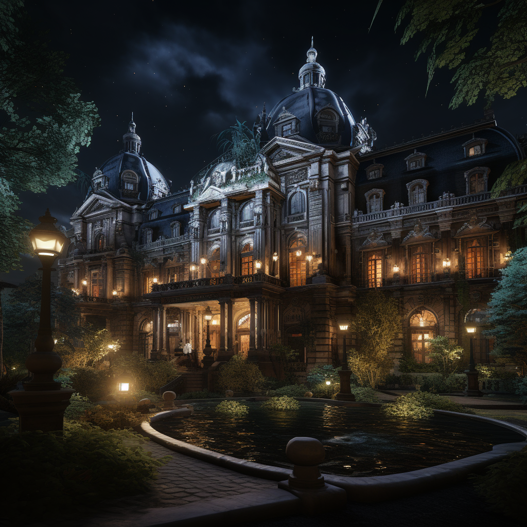 Gothic-inspired black mansion at night