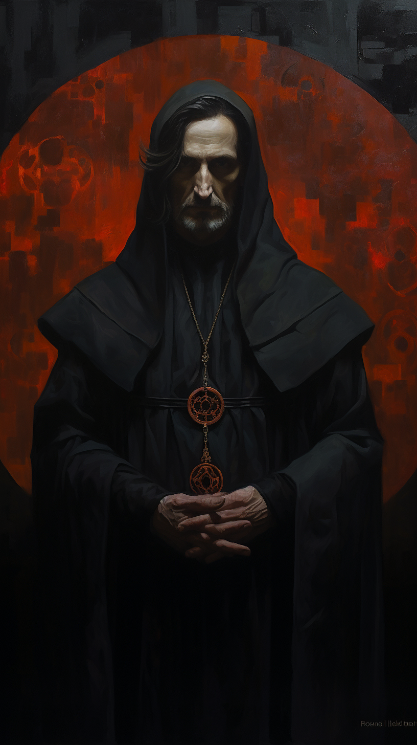 Mysterious cult leader in dark oil painting