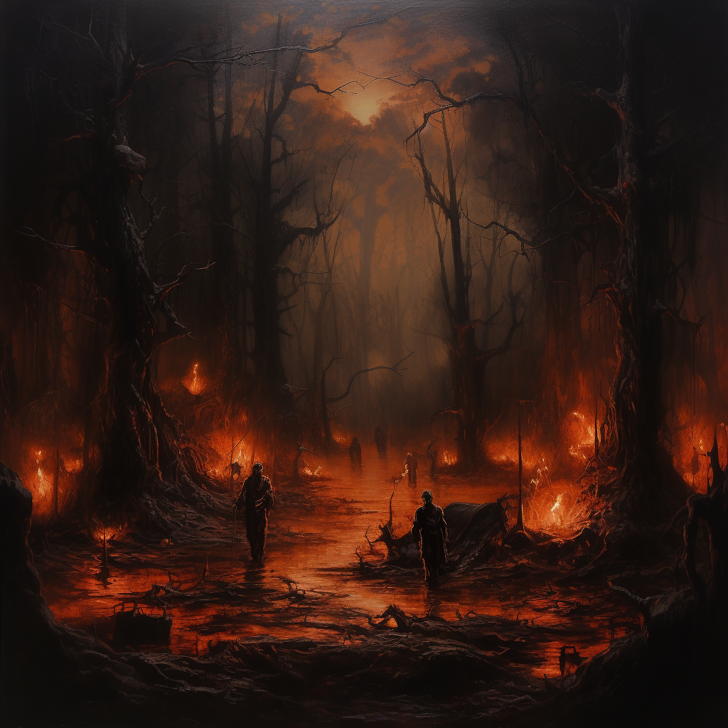 Dark oil painting of cult in forest