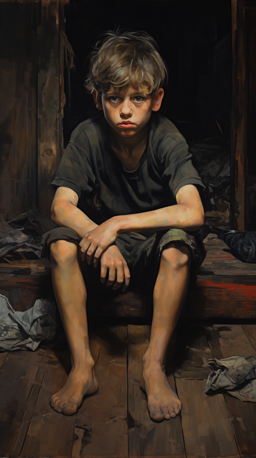 Sad young boy with tears in a dark oil painting