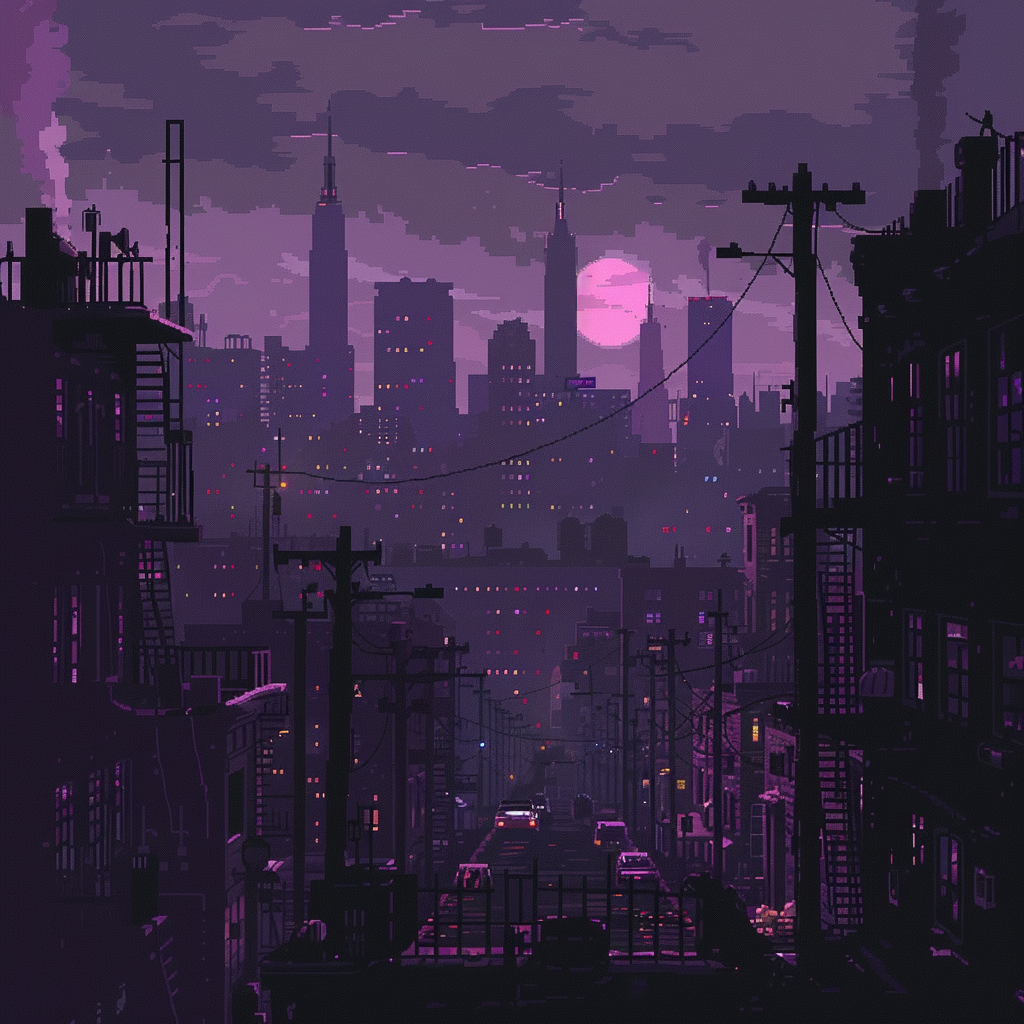 Pixel art of dark purple city