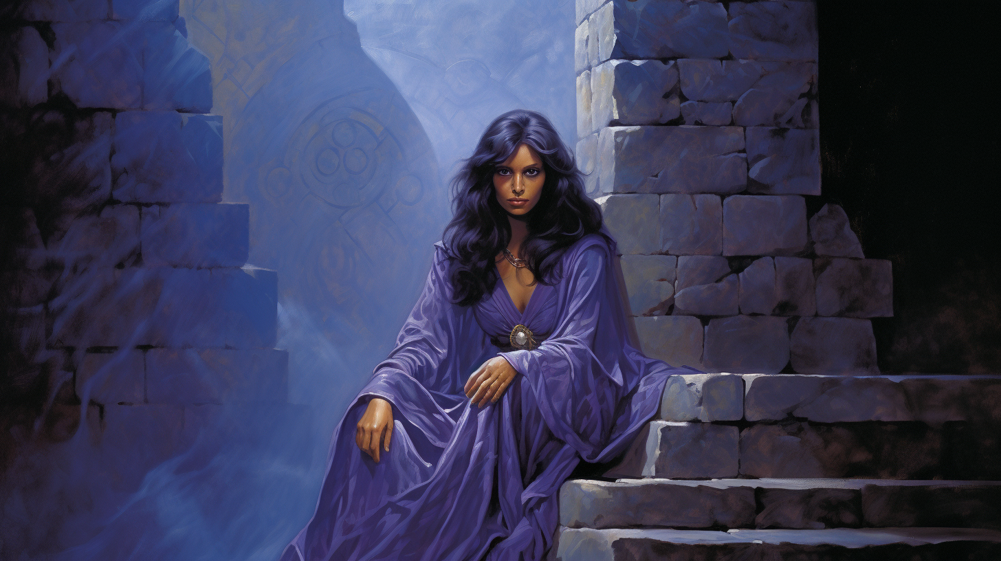 Sorceress with dark hair in front of stone wall