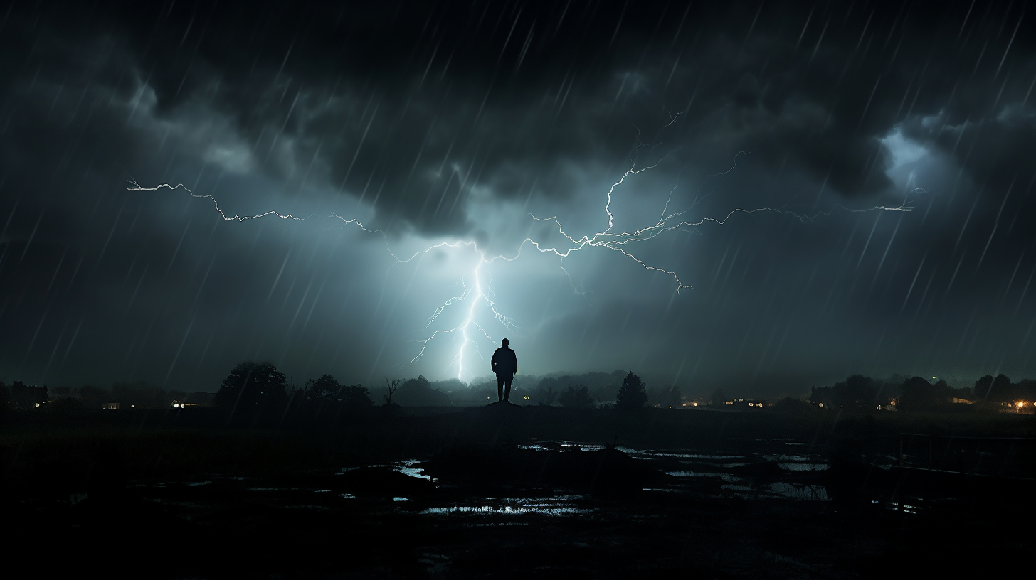 Dark Rainy Night Lightning Strike Silhouette Man