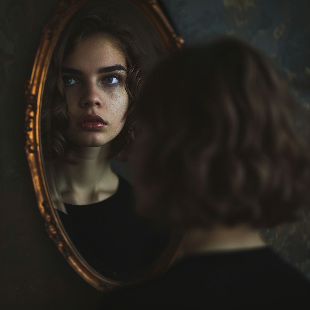 Young woman looking in mirror surreal