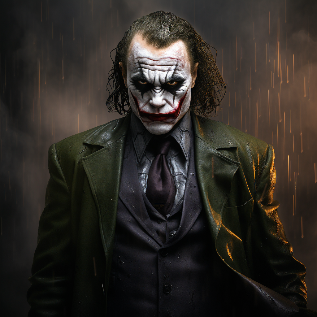 Photorealistic Dark Scenery Poster with Jokers, Bane, and Vader