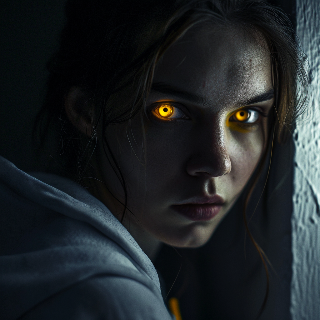 Woman with Yellow Eyes in Dark School