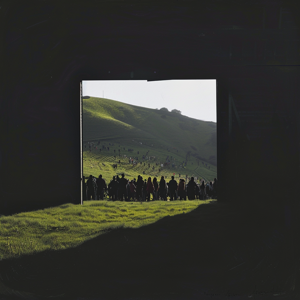 Dark shed overlooking crowded green hill