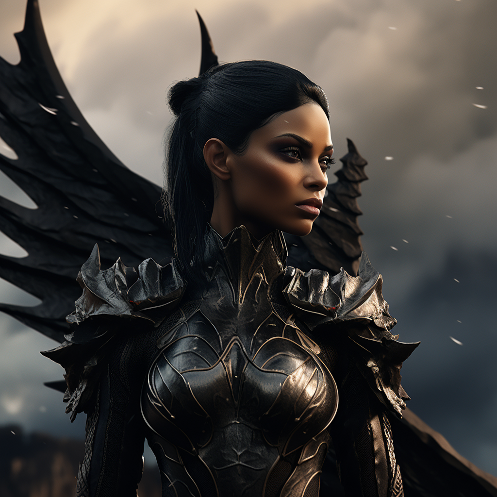 Dark-skinned female in armor with wings