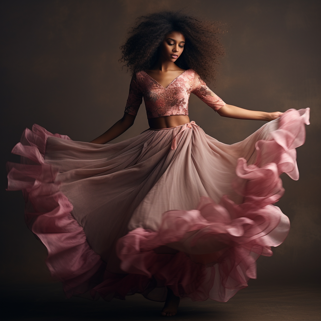 Dark-skinned girl with pink-brown hair in a skirt