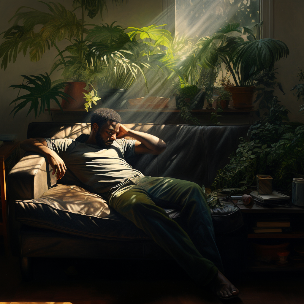 Depressive Dark-Skinned Man on Green Sofa