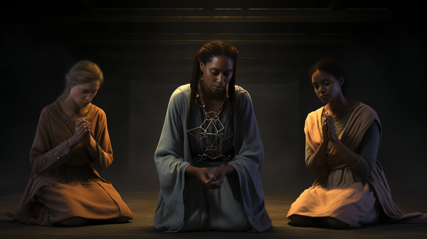 Dark Skinned Middle Aged Women Kneeling