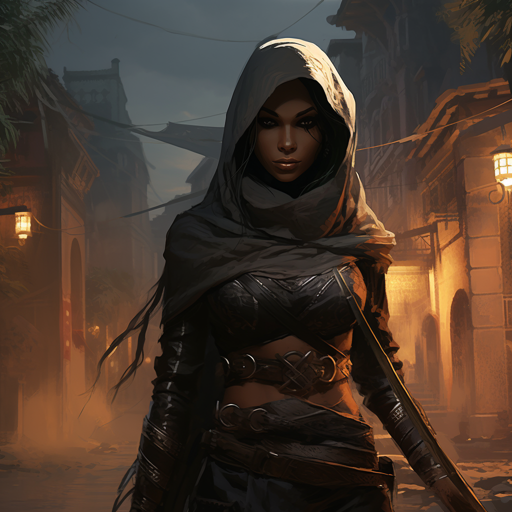 Dark-skinned rogue assassin in Sigil's streets