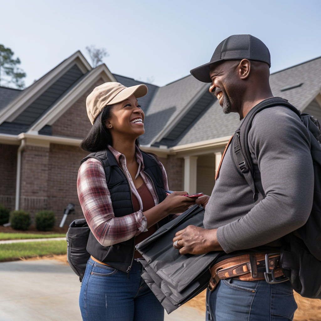 Roofing salesman handing new product