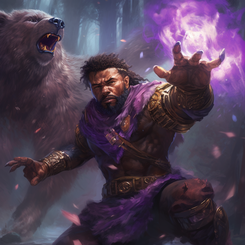 Dark-skinned swordsman with purple bear spirit