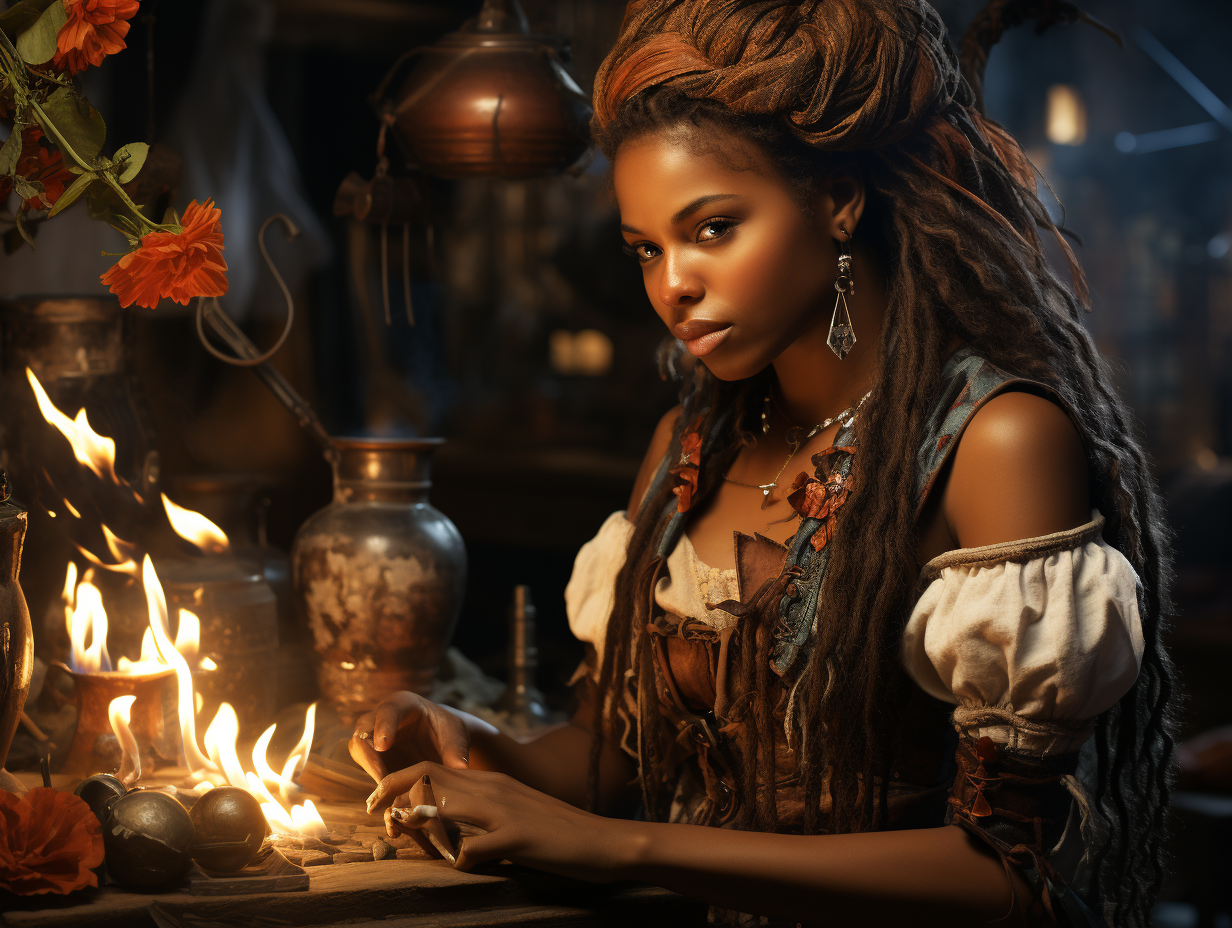 Realistic dark-skinned witch making potions at hearth