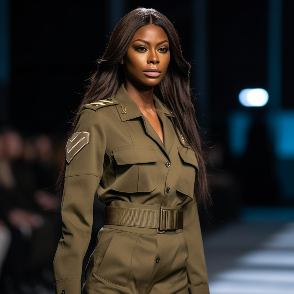 Dark-skinned woman in military uniform with long hair