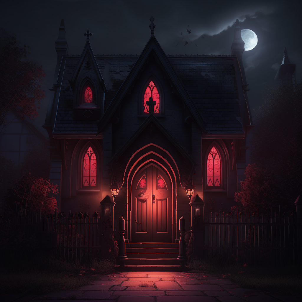 Dark small neo gothic house with open red door