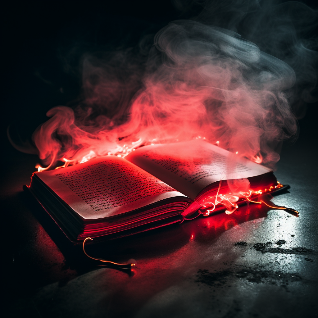 Red book with smoky background and neon light