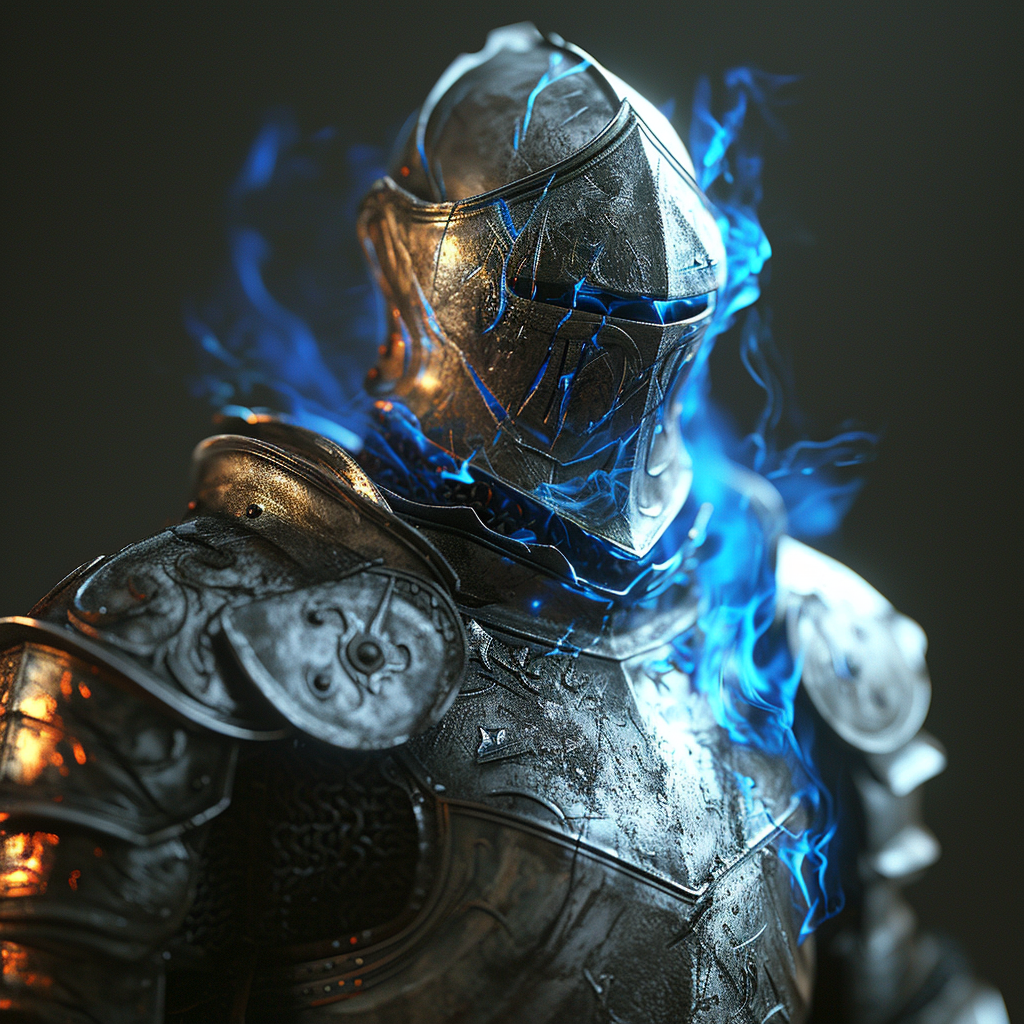 Spectral blue flames flow from Dark Souls knight armor